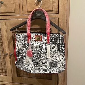 Trina Turk Black and White Tote with Red Handles